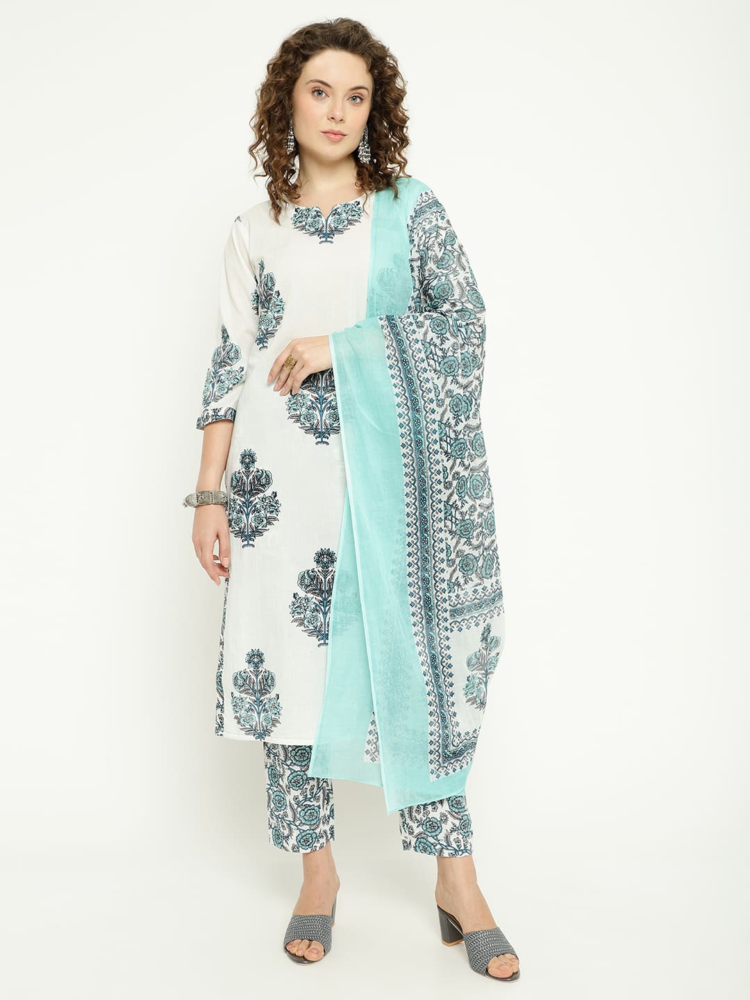 White & Aqua Blue Printed Cotton Kurta Set with Dupatta
